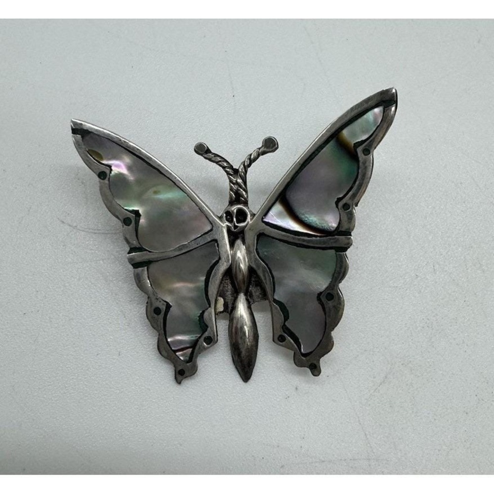 Vintage Mexico 925 Sterling Silver Abalone Shell Butterfly Brooch Pin Inlay